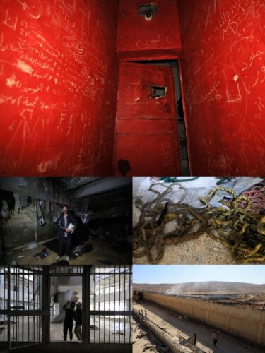  【上】総合情報部の「251支部」（通称・ハティブ支部）。拷問が行われたとされ、地下の独房の壁には日付を数えた線など、様々な書き込みが残されていた【中央左】軍事情報部の秘密収容所「235支部」（通称・パレスチナ支部）。収容されていたというサレハ・ヤヒヤさんは、むちで打たれるなどの拷問を受けたという【中央右】アサド政権下で処刑や拷問があったとされるセドナヤ刑務所。床には大量のロープが残されていた【下左】セドナヤ刑務所で、行方がわからなくなっている家族の手がかりなどを探す人たち【下右】セドナヤ刑務所を取り囲む壁。鉄条網も設置されていた＝2024年12月13～15日、ダマスカスとダマスカス郊外（内田光氏撮影）