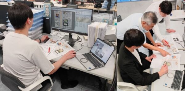  徳島新聞をリモートで紙面制作する東日印刷の社員（左）と担当ディレクターによる紙面修正